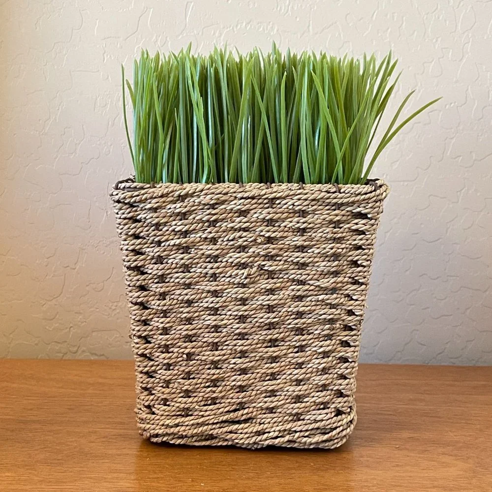 Faux Fake Plant Green Grass Basket Pot in Woven Square Table Top Decor